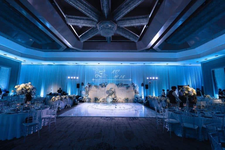 Moving head dance floor lighting at a debut at the Hilton Los Angeles/Universal City