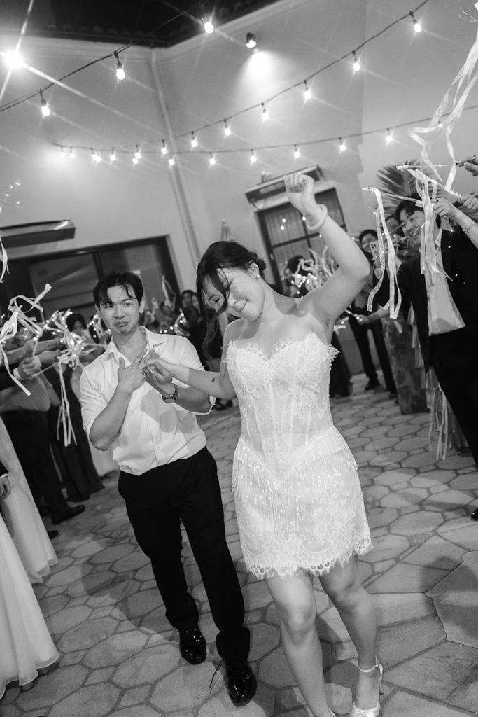 Ribbon wands, couple dancing under string lights, Kristine & Patrick wedding at Bel-Air Bay Club