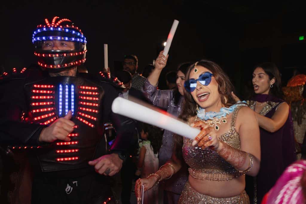 Bride with LED robot, glasses, glow stick, Juliana & Alishan wedding at Enchanted Hills Estate