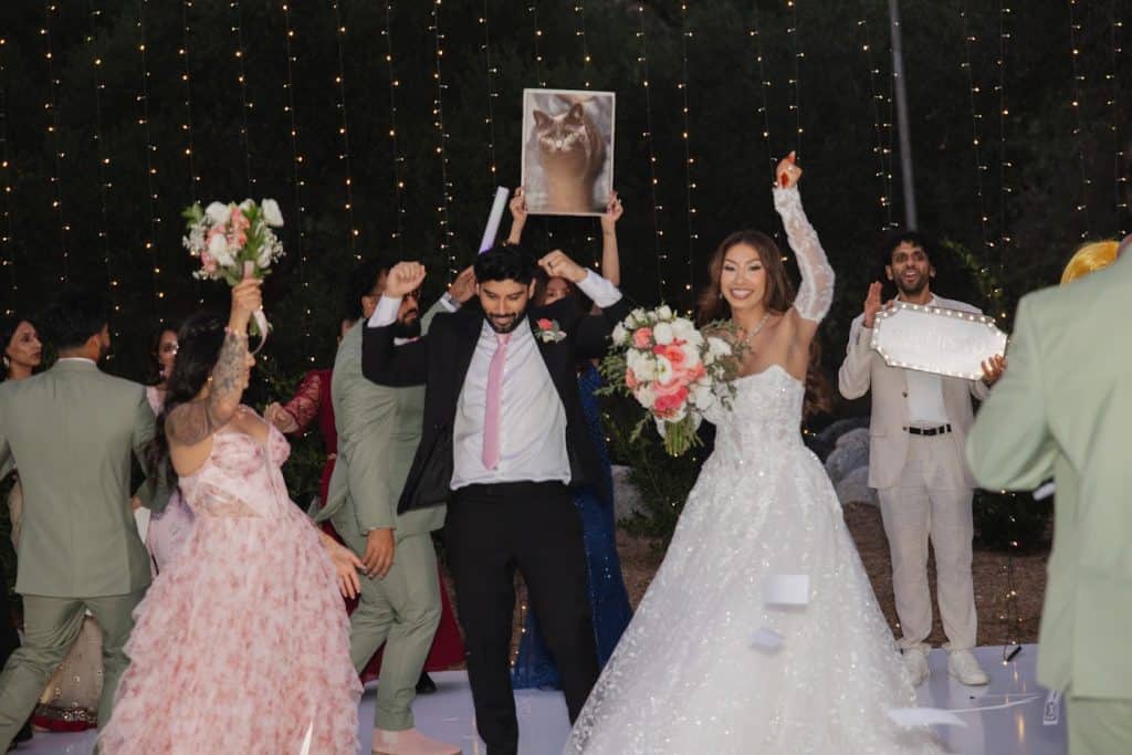 Grand entrance under string lights, Juliana & Alishan wedding at Enchanted Hills Estate