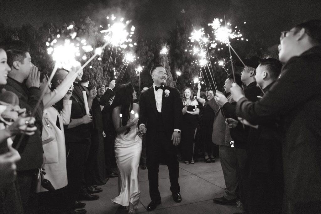 Sparkler exit tunnel, Abbey & Edward wedding at The Harper, Costa Mesa
