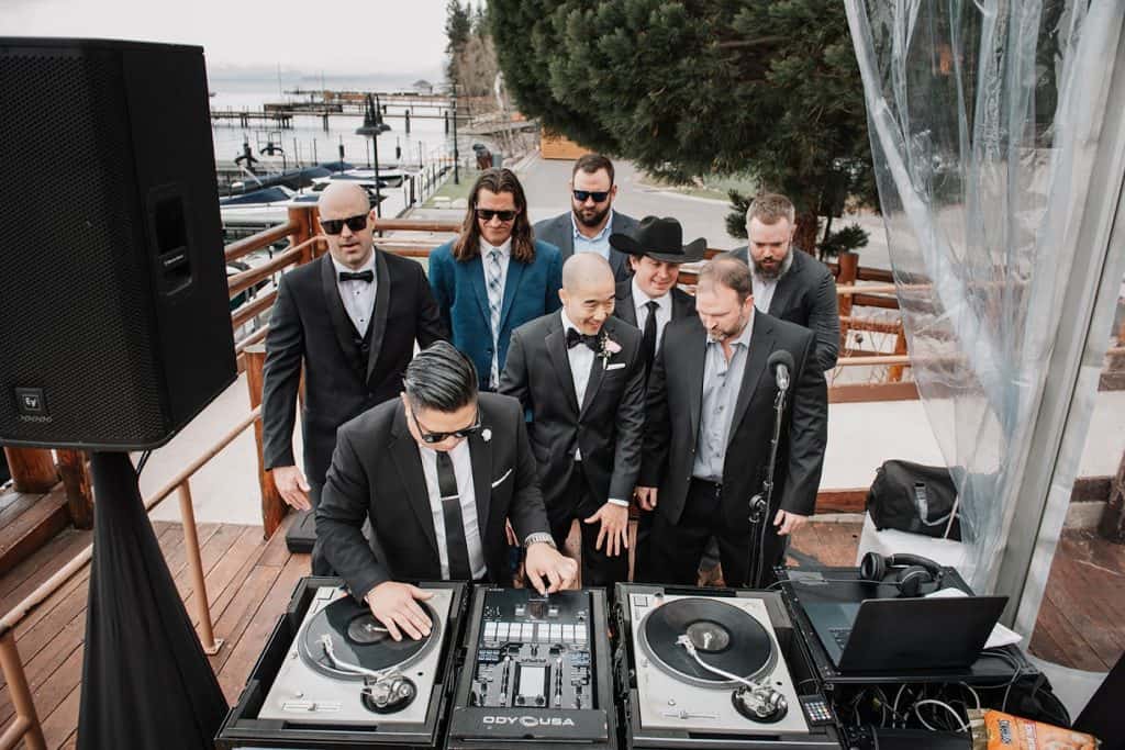 Groomsmen at decks, David & Marissa wedding at Sunnyside, Lake Tahoe