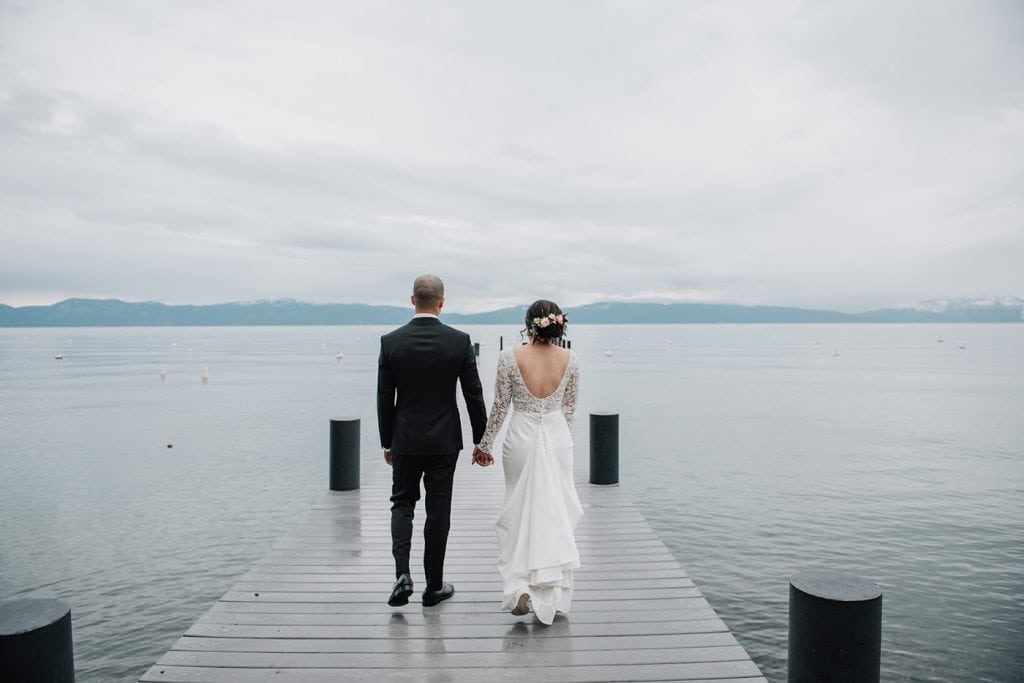 Couple on pier over lake, David & Marissa wedding at Sunnyside, Lake Tahoe