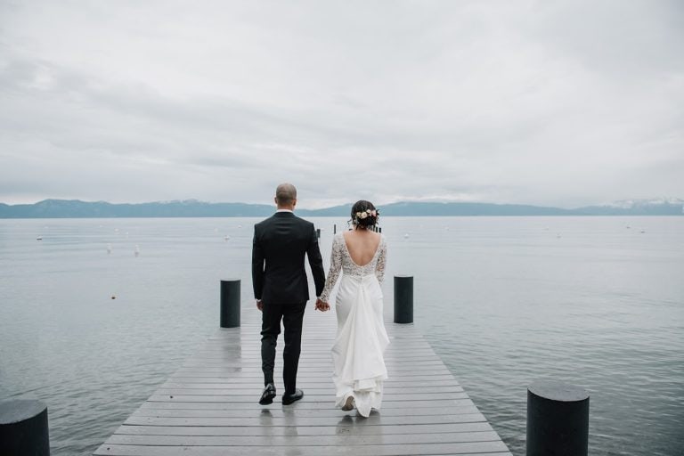 Couple on pier over lake, David & Marissa wedding at Sunnyside, Lake Tahoe