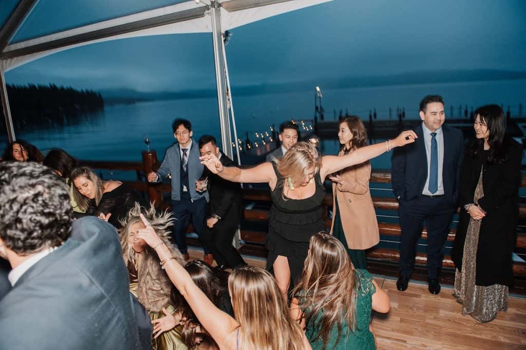Dance floor, lake view behind, David & Marissa wedding at Sunnyside, Lake Tahoe