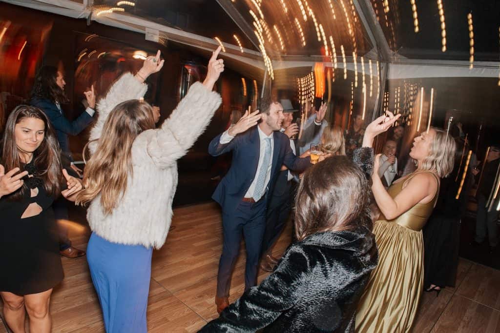 Floor energy, gold dress, David & Marissa wedding at Sunnyside, Lake Tahoe