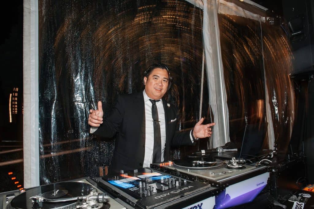 DJ Wrex at decks, night, David & Marissa wedding at Sunnyside, Lake Tahoe