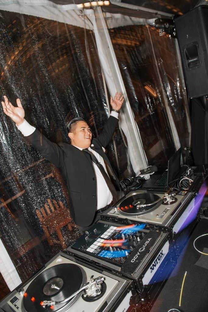 DJ Wrex hand up, booth, David & Marissa wedding at Sunnyside, Lake Tahoe