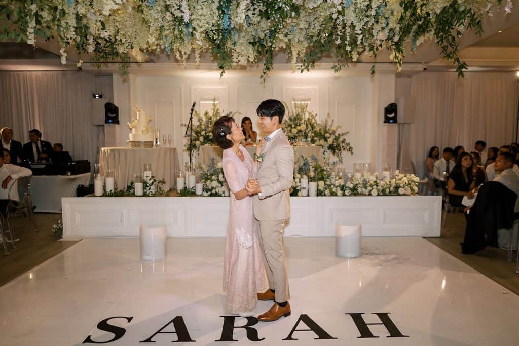First dance, name monogram on floor, Sarah & Jeff wedding at Mon Cheri, Garden Grove