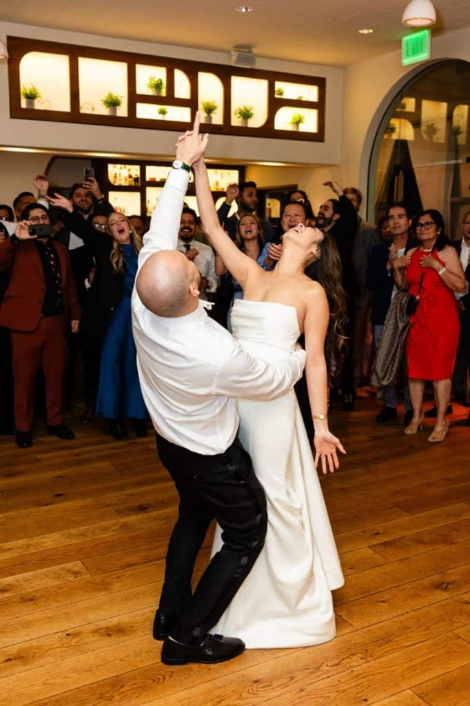 Couple dancing, guests around, Denise & Jonathan wedding at Villa & Vine, Santa Barbara