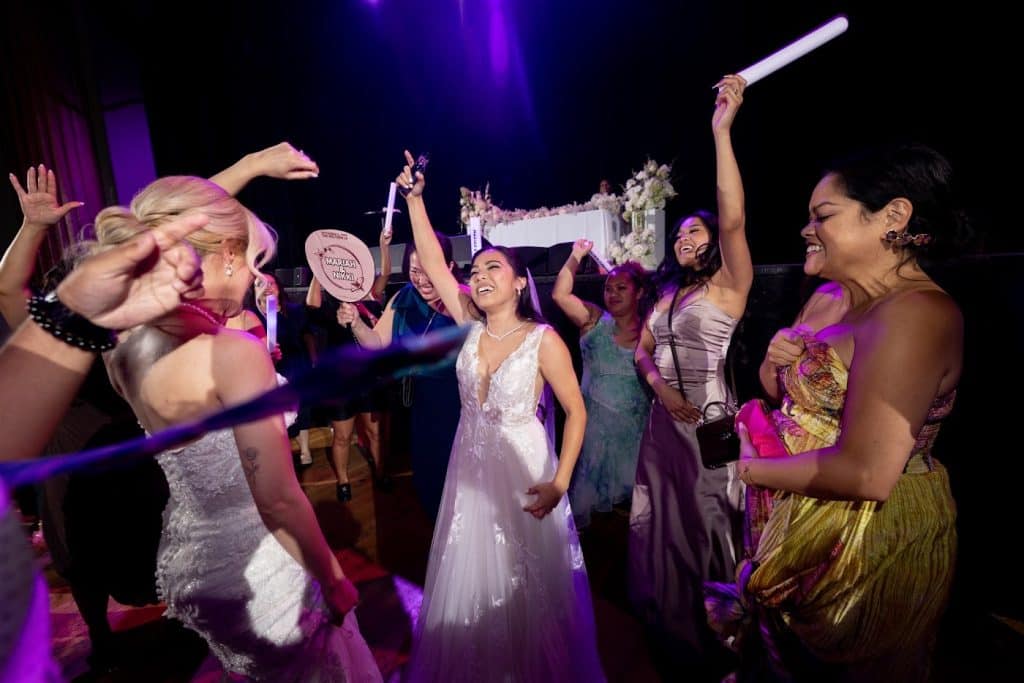 Couple + wedding party, light-up props, Mariah & Nikki wedding at The Wiltern